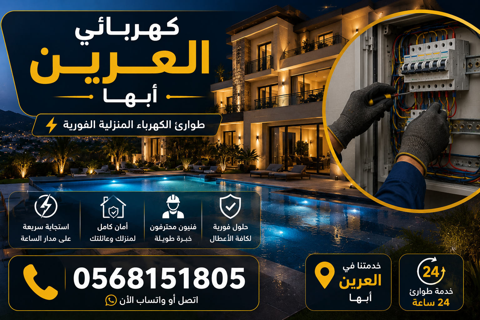 ⚡ كهربائي العرين أبها ؛ طوارئ الكهرباء المنزلية الفورية