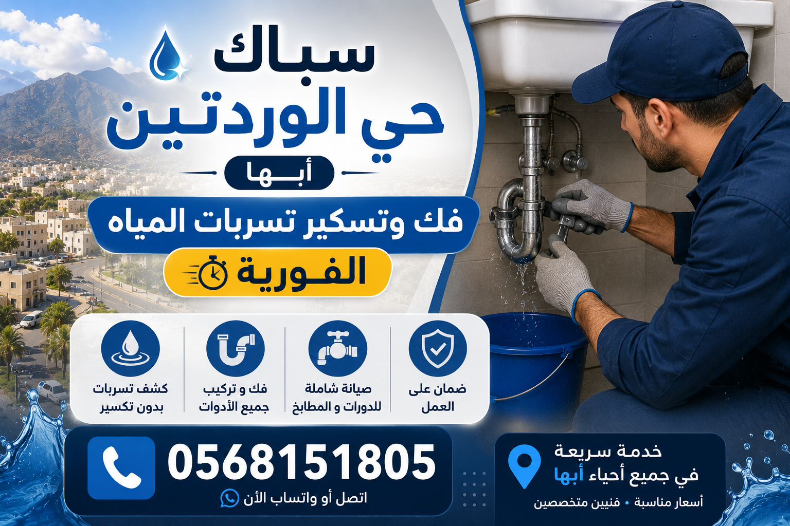 💧 سباك حي الوردتين أبها ؛ فك وتسكير تسربات المياه الفورية